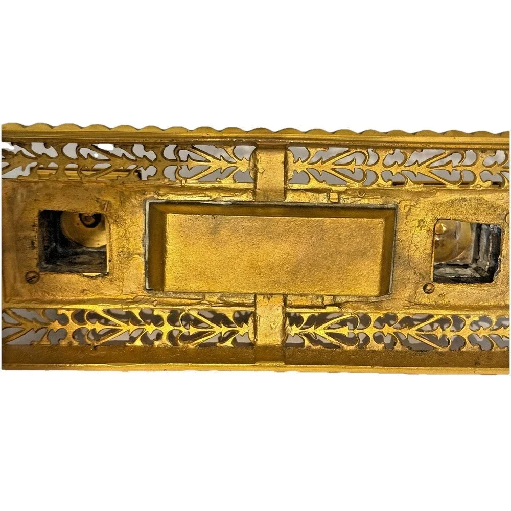 1890 Antique Gilt Bronze Double Inkwell Extraordinary Engraved Heavy Solid Vntg
